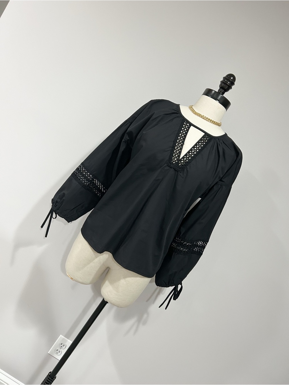 Greylin Black Eyelet-Trim V-Neck Peasant Blouse